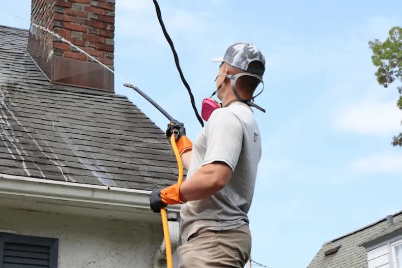 Elyria Power Washing professional performing gentle roof washing service in Elyria